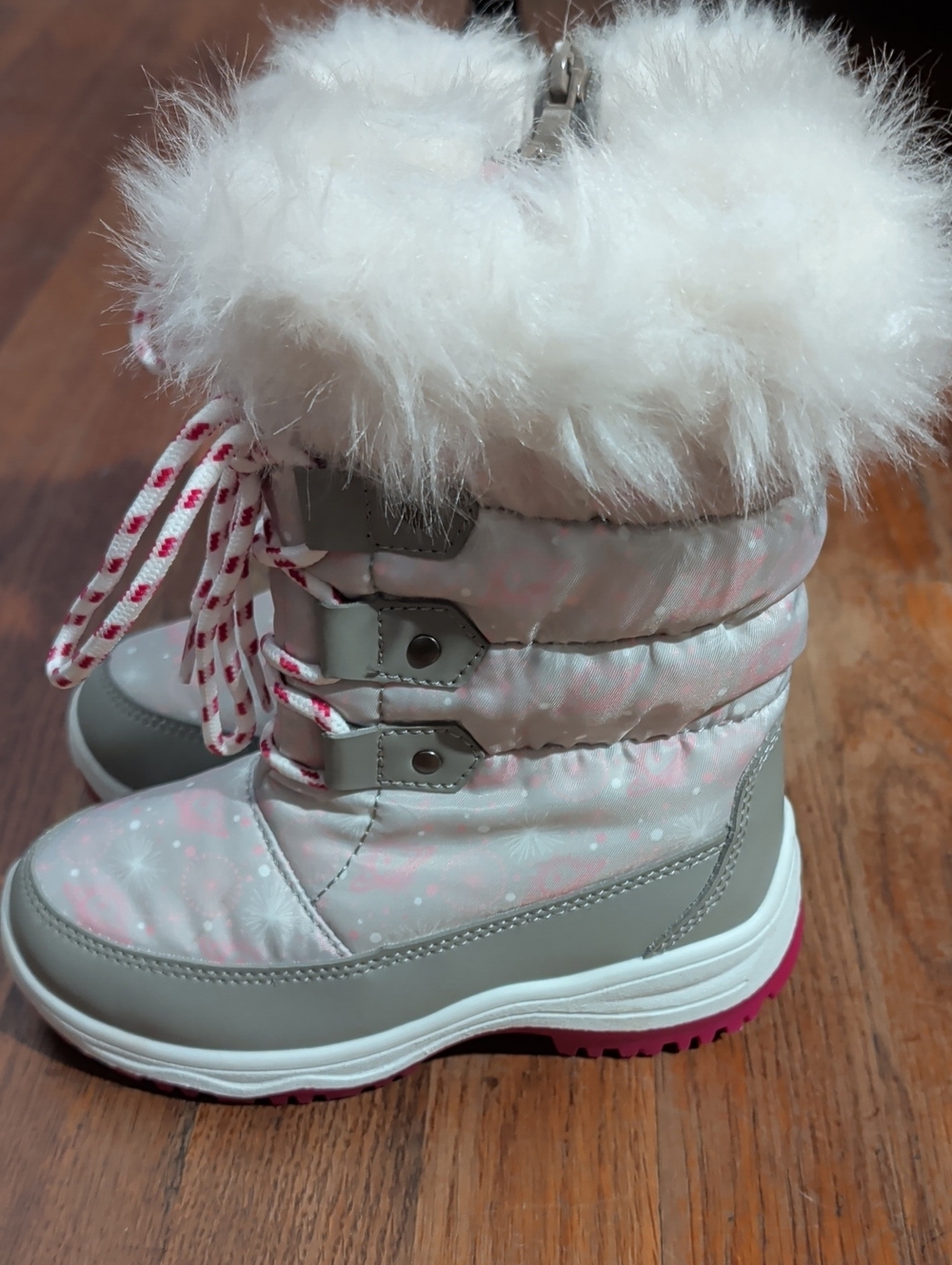 New Nordic Girls' Pink Faux-Fur Winter Snow Boots with Gray Trim kids 12